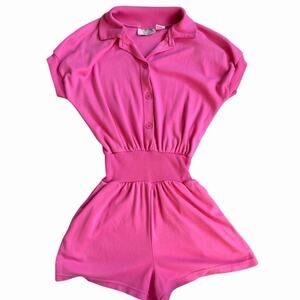 Rompin Rage Womens 90’s Short Sleeve Button Up Pink Romper With Collar Size S